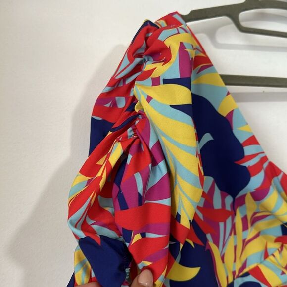 NEW Twist Knot Multicolor Leaf Print Sweethear Neckline Puff SleeveCrop Top Sz L - Picture 3 of 11